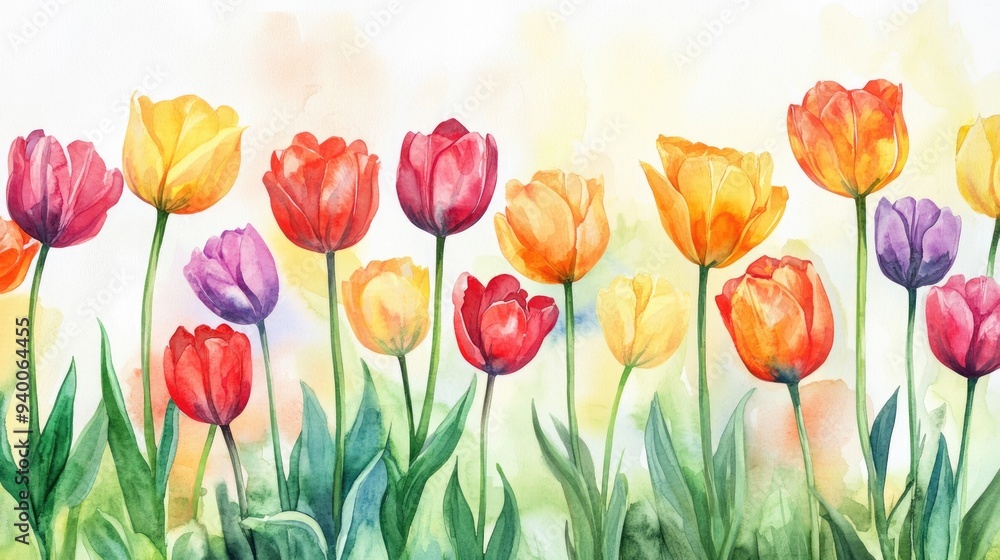 Fototapeta premium Watercolor illustration featuring a background of tulips and flowers