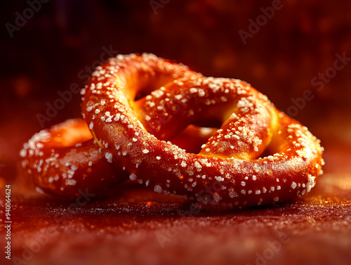 Close-up of a salted pretzel with coarse salt grains, showcasing the crunchy and delicious texture on a warm, rustic background.