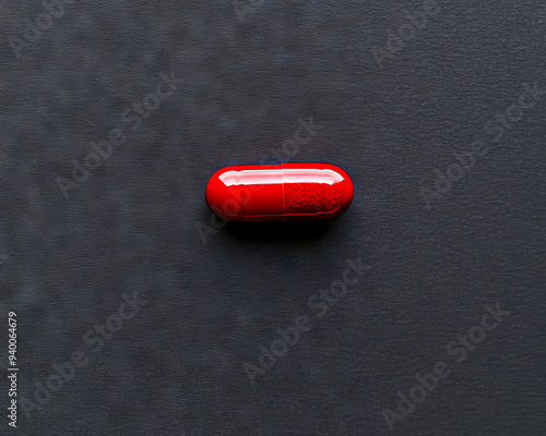 Close-up of a single red capsule pill on a dark background, representing medication, healthcare, or pharmaceutical concept. photo