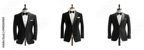 Elegant black tuxedos on mannequins in various styles isolated on transparent background