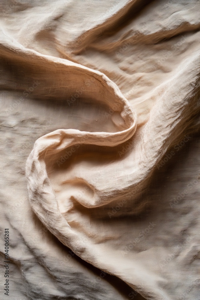 Close-up of crumpled beige fabric texture, showcasing soft folds and detailed textile patterns for background or design purposes. Close-up of crumpled beige fabric texture, showcasing soft folds and detailed textile patterns for background or design purposes.