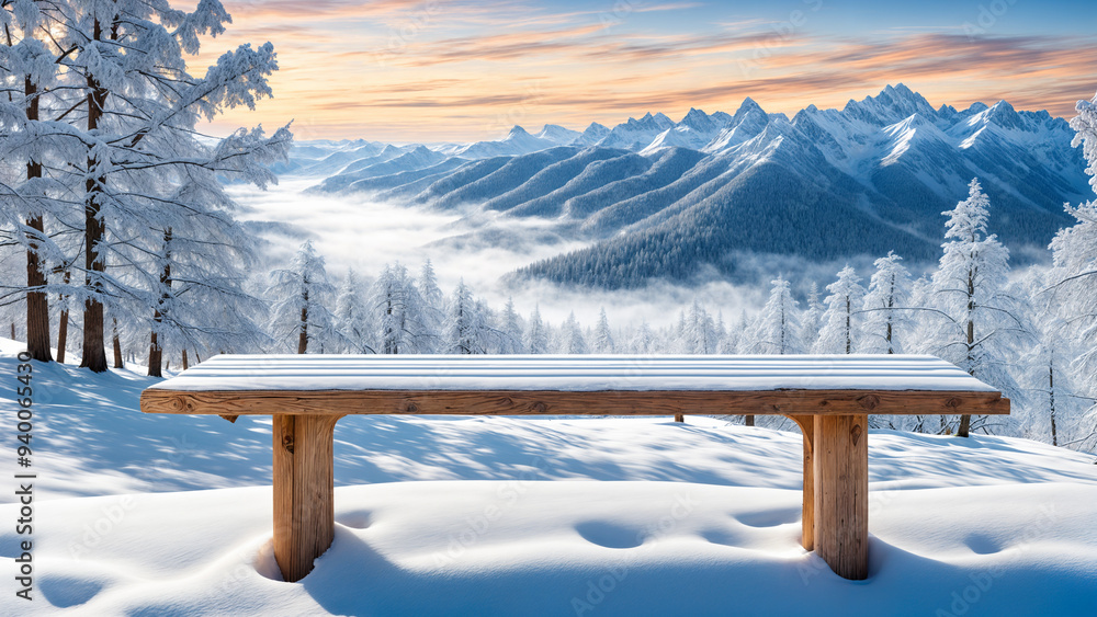 winter-scene-with-a-long-horizontal-wooden-table-snow-softly-resting-on-the-surface winter-scene-with-a-long-horizontal-wooden-table-snow-softly-resting-on-the-surface