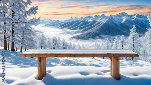 Wallpaper Mural winter-scene-with-a-long-horizontal-wooden-table-snow-softly-resting-on-the-surface Torontodigital.ca