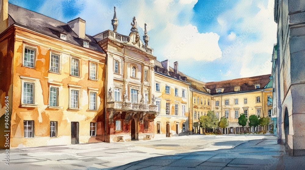 Obraz premium Watercolor illustration depicting the architectural features of a royal square on a sunny afternoon