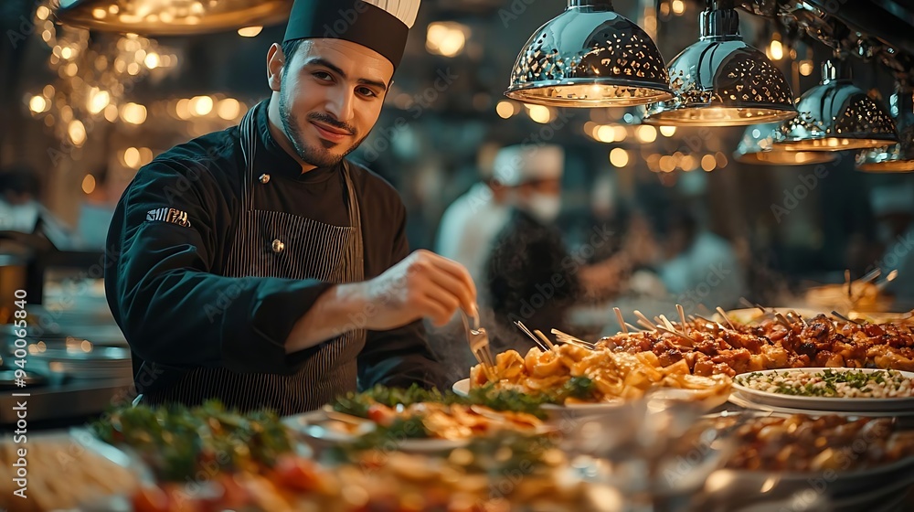 Chef Serving Food at a Restaurant Buffet Chef Serving Food at a Restaurant Buffet