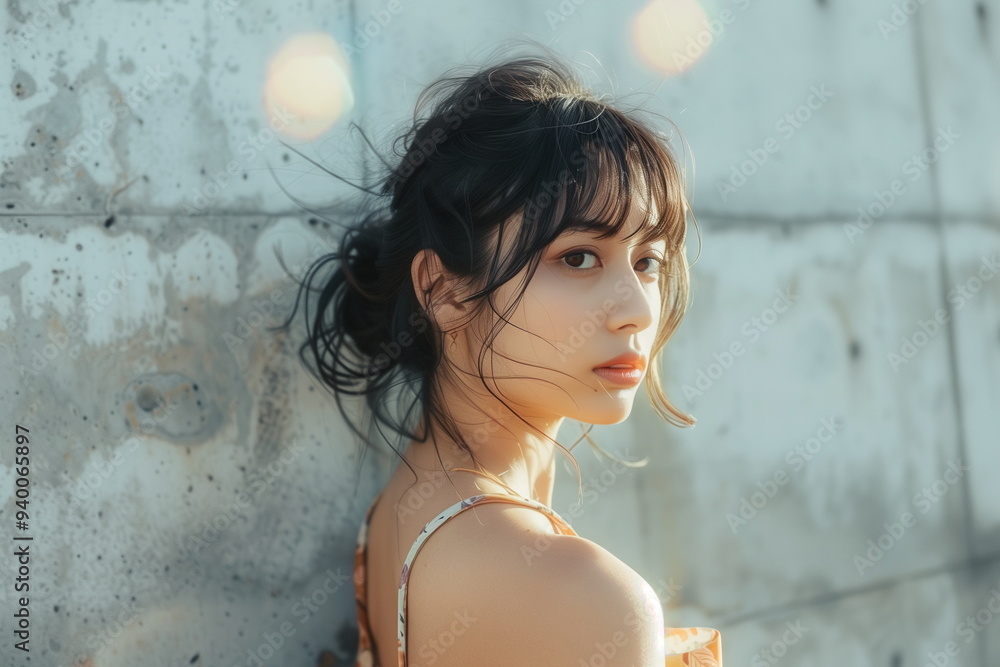 コンクリートの壁の前にいる若いファッションモデルの女性 コンクリートの壁の前にいる若いファッションモデルの女性