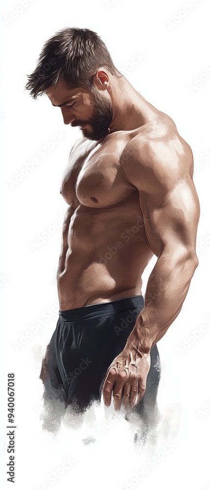 Muscular man in profile view with strong physique and defined abs, white background, demonstrating strength, fitness, and dedication. Muscular man in profile view with strong physique and defined abs, white background, demonstrating strength, fitness, and dedication.