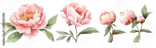 Watercolor illustration featuring a set of peonies and leaves Pink blossoms Spring theme
