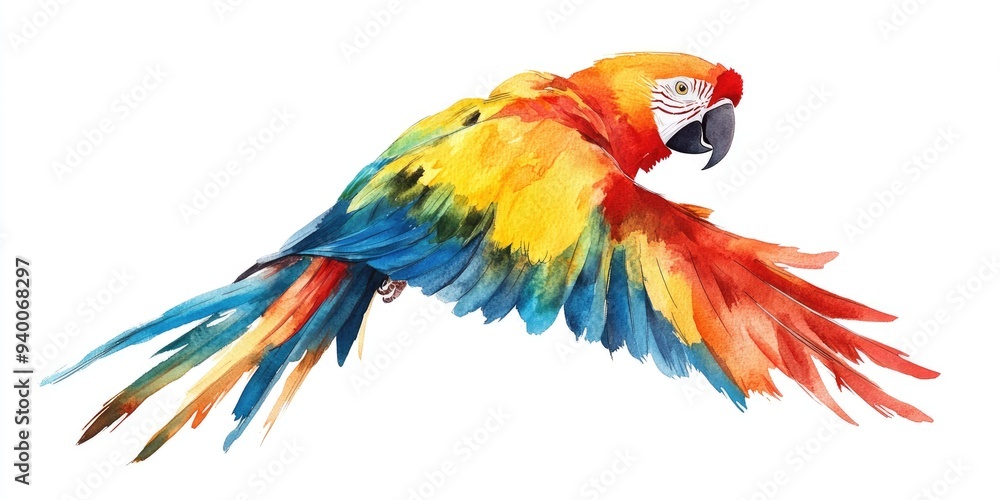 Fototapeta premium Watercolor illustration of a macaw bird set against a white background