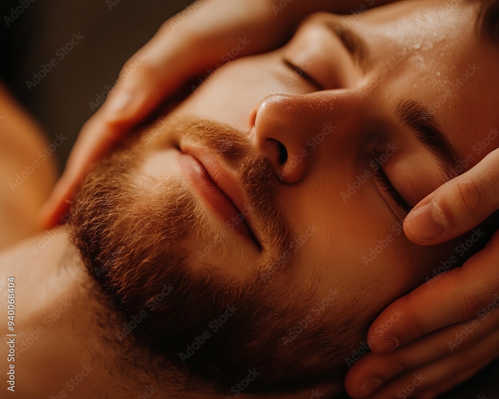 Naklejka premium Relaxed man enjoying a soothing facial massage. Closeup shot in a calm and serene environment. Perfect for wellness and relaxation themes.