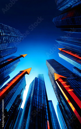 Skyscrapers pointing upwards with red arrows symbolizing growth and progress against a blue sky background. Modern urban architectural concept. photo