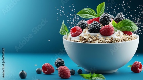 Organic oatmeal, in a bowl with fresh fruits, 3D illustration photo