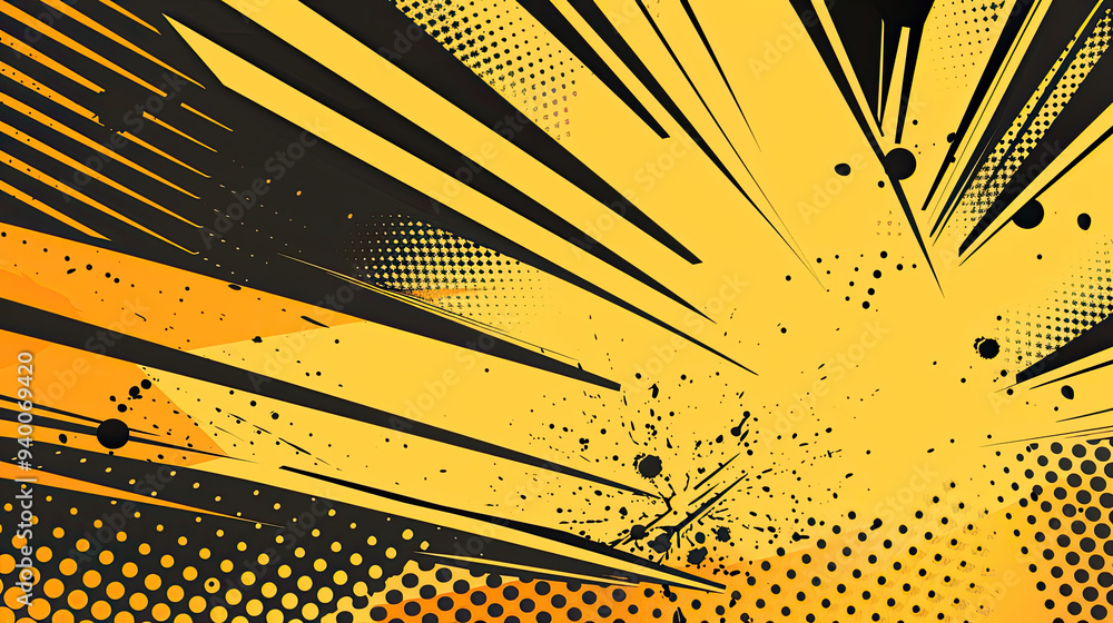 A bold comic background featuring a zigzag pattern of panels with explosive action lines and halftone shading in yellow and black.