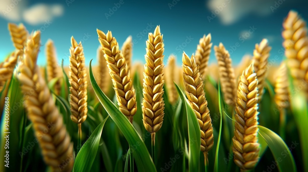 Organic wheat field, golden ears swaying in wind, 3D illustration Organic wheat field, golden ears swaying in wind, 3D illustration