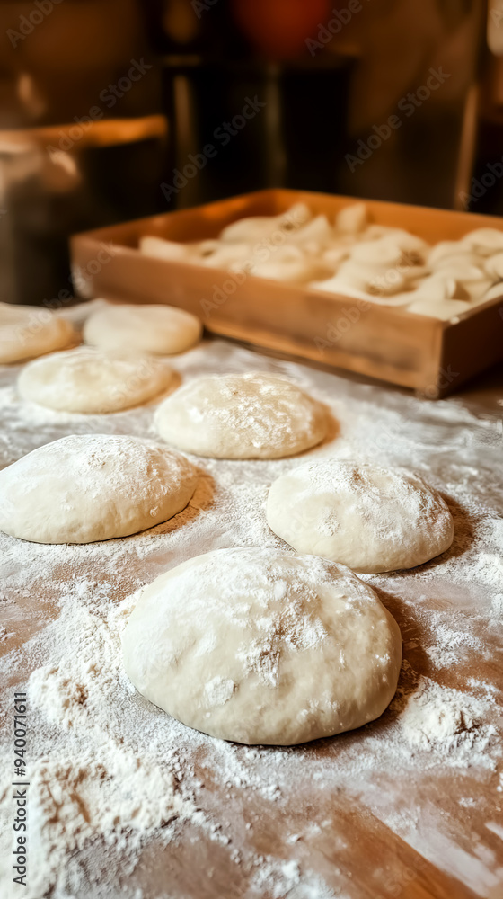 Fresh dough balls on a floured surface in a rustic kitchen, ready for baking homemade bread or pizza in a warm, cozy atmosphere. Fresh dough balls on a floured surface in a rustic kitchen, ready for baking homemade bread or pizza in a warm, cozy atmosphere.