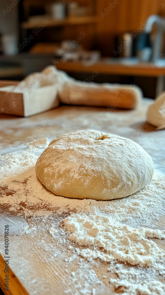 Freshly prepared dough on a floured kitchen countertop, ready for baking. Wooden rolling pin and flour in the background. Freshly prepared dough on a floured kitchen countertop, ready for baking. Wooden rolling pin and flour in the background.