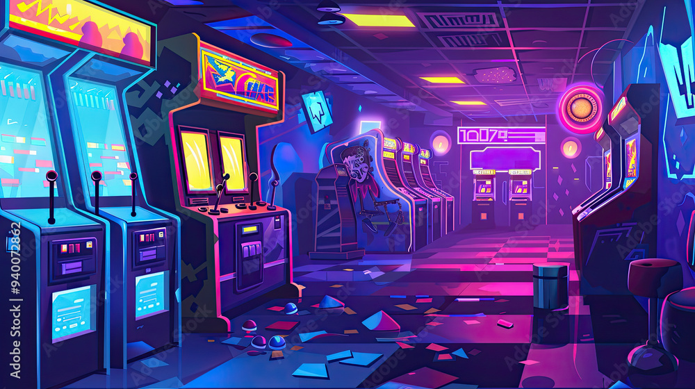 Obraz premium A lively 1980s arcade scene in comic style, featuring neon lights, retro gaming machines, and vibrant characters in motion.