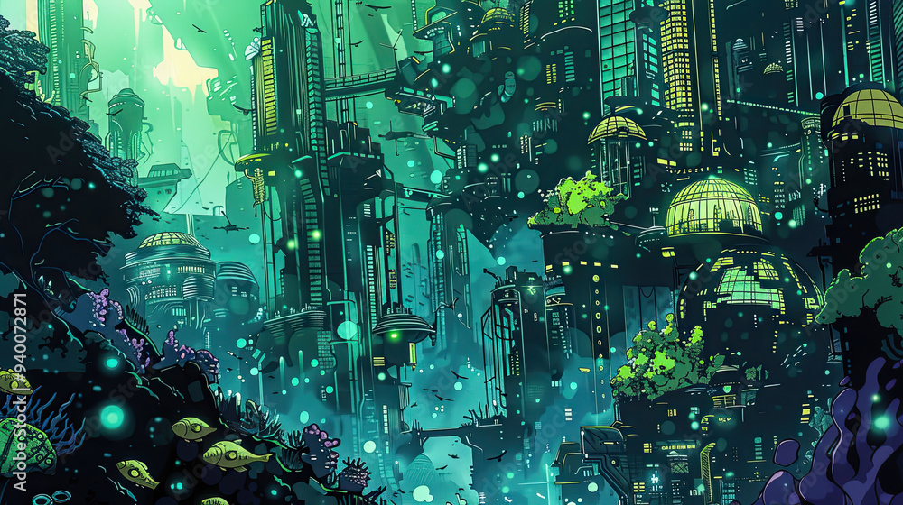 An underwater comic scene with coral-covered buildings, glowing plants, and schools of fish, bathed in vibrant blues and greens with luminous highlights. An underwater comic scene with coral-covered buildings, glowing plants, and schools of fish, bathed in vibrant blues and greens with luminous highlights.