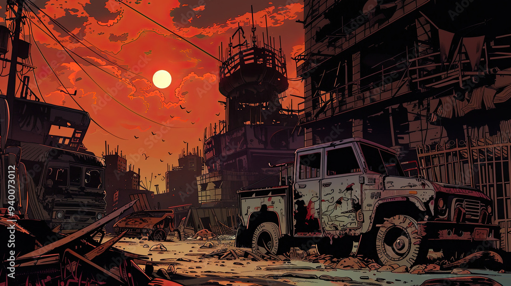 Comic background depicting a dystopian wasteland with decayed buildings, rusted cars, and an ominous sky, filled with shadows and muted tones.