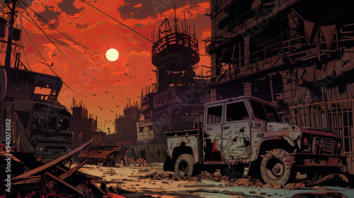 Obraz na płótnie Comic background depicting a dystopian wasteland with decayed buildings, rusted cars, and an ominous sky, filled with shadows and muted tones. w salonie