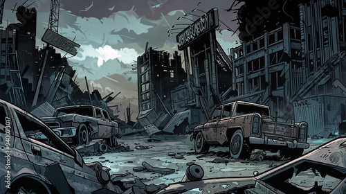 A grim comic-inspired scene set in a dystopian wasteland with crumbling buildings, rusted vehicles, and a dark, foreboding sky, in earth tones and harsh shadows.