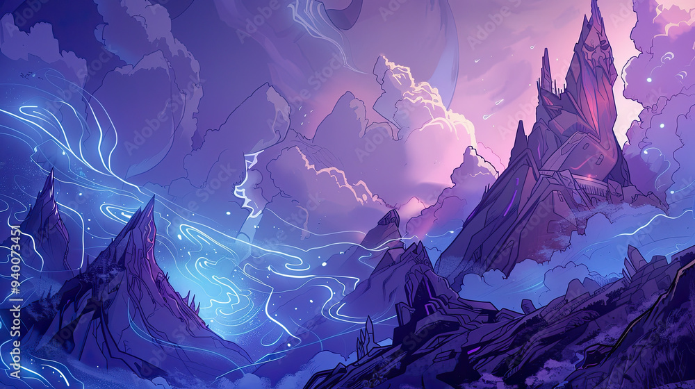 A comic-style background featuring a mystical mountain range with jagged peaks, swirling clouds, and a floating temple glowing with ethereal light in cool tones. A comic-style background featuring a mystical mountain range with jagged peaks, swirling clouds, and a floating temple glowing with ethereal light in cool tones.