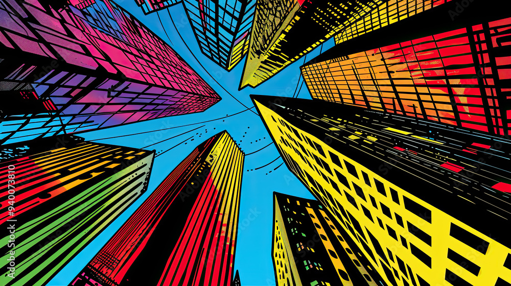 Comic-style background of a dynamic cityscape with bold outlines, intense contrast, and vibrant primary colors, set against towering skyscrapers.