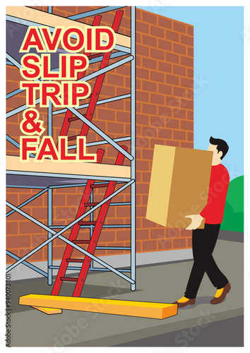 Poster design of safety tips to avoid slip, trip, and fall hazard on the workplace. Man bring the box near the scaffolding installation of a construction work site.