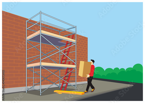 Man bring carton box near the unsafe condition of scaffolding installation and protruding material on the pedestrian. Slip and trip hazard of safety awareness and education.