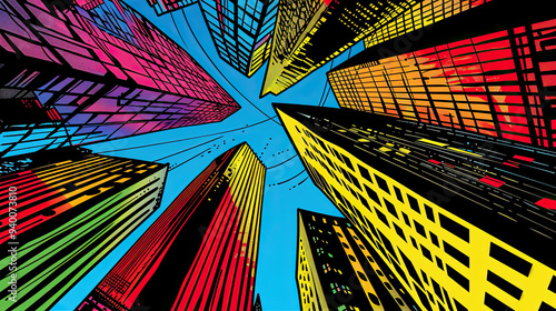 Obraz na płótnie Comic-style background of a dynamic cityscape with bold outlines, intense contrast, and vibrant primary colors, set against towering skyscrapers. w salonie