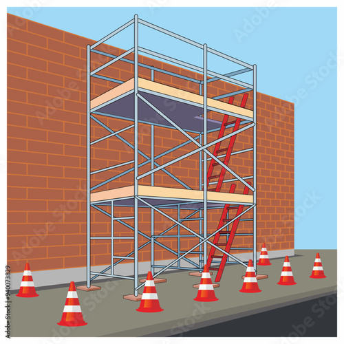 Completed safety standard of two layer scaffolding installation with safety road cone for barricade work area. Isometric view vector illustration of construction work equipment.