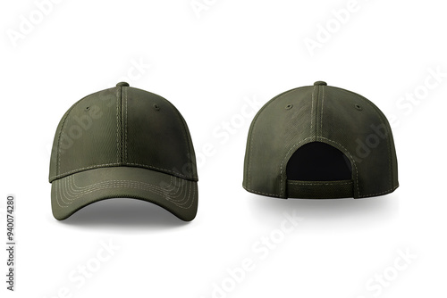 3/4 front and back view of military green hat mockup with detailed fabric texture against a crisp white background photo