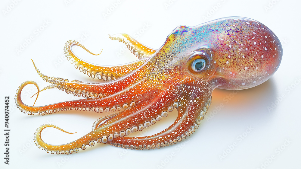 Obraz premium a vibrant squid with long, flowing tentacles, isolated on a clean white background