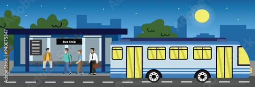 After work, people go home by bus. People in the bus stop. Public transportation at night. Night cityscape. Bus cityscape.