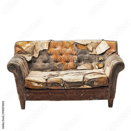 Broken, ripped, torn old leather couch or armchair