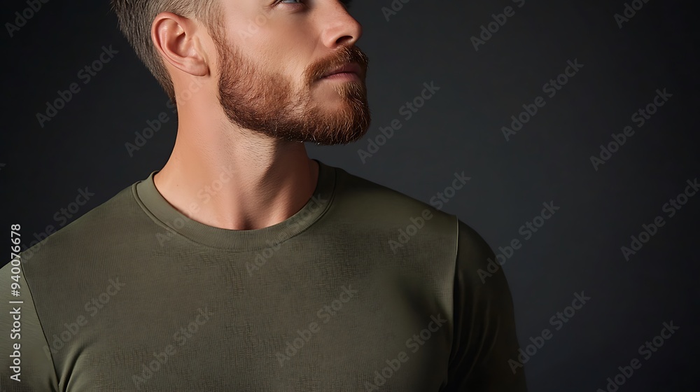 Fototapeta premium Adventurous Man Wearing Olive Green Shirt in Three-Quarter Body Shot with Textured Details on Charcoal Background