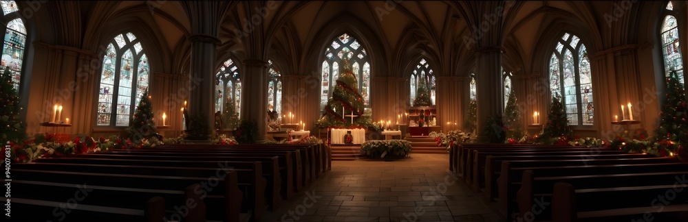 Fototapeta premium 360 degree traditional Christmas Eve church service, with a beautifully decorated altar. HDRI spherical panorama.