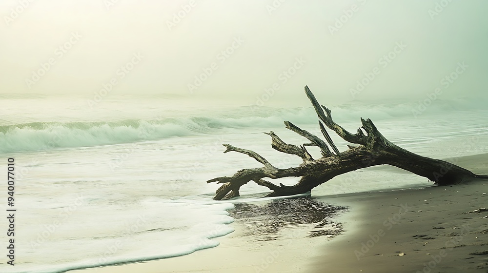 Serene Driftwood on Greenish Shoreline - High Resolution Nature Photography with Misty Waves and Soft Green Tones Serene Driftwood on Greenish Shoreline - High Resolution Nature Photography with Misty Waves and Soft Green Tones