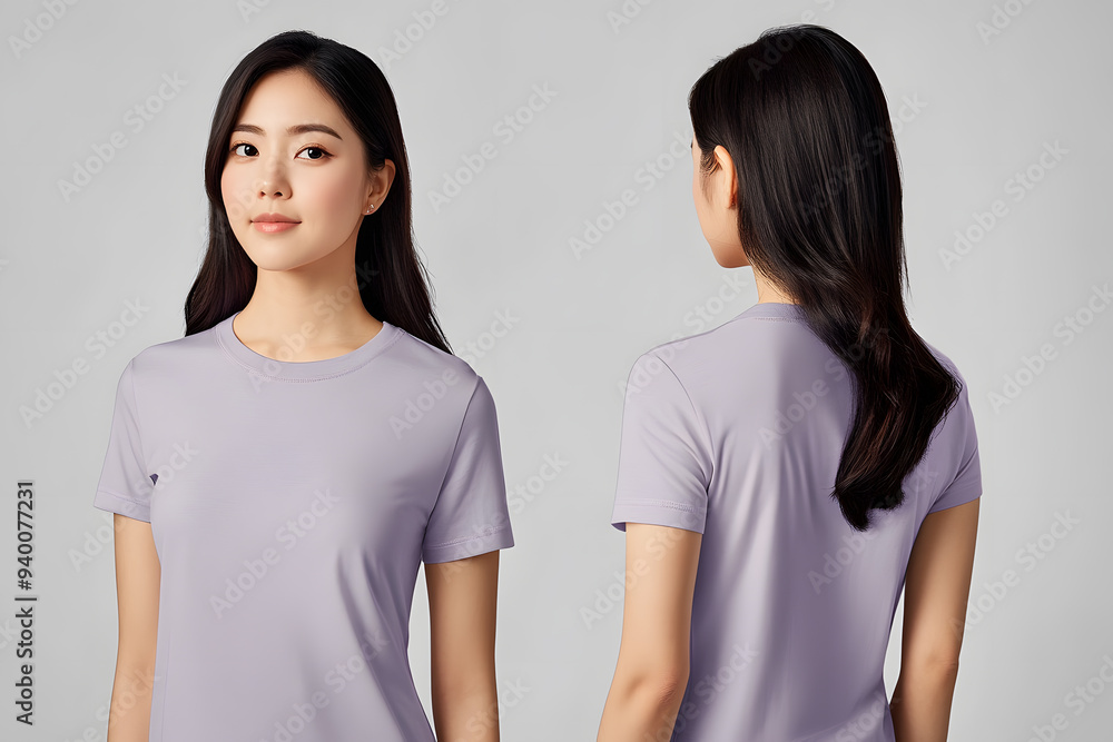 Asian woman modeling soft purple t-shirt with front and back views against a minimalist grey background Asian woman modeling soft purple t-shirt with front and back views against a minimalist grey background