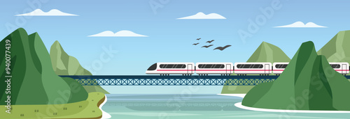 Train on the bridge illustration. Subway through the hill. Train on mountain vector art. Train on bridge over sea. Train on railway. Public transportation. Subway panorama. Tram and river view,