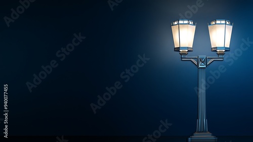 Elegant Art Deco Silver Lamps with Geometric Designs on Navy Blue Background for Text Space