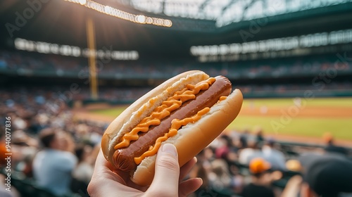 Enjoying a Hot Dog at the Baseball Game - Side View of Hand Holding Snack with Fans in Background