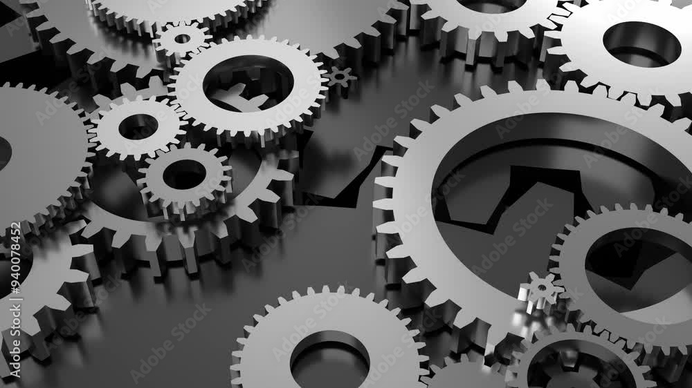 mechanical engineering industry cogwheels and gears rotation 3d animation loop. Can be used to represent precision mechanical components, teamwork cooperation or an engine robotic maintenance