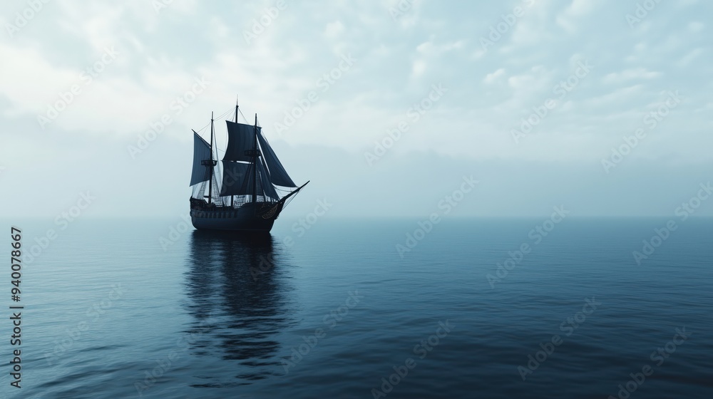 Obraz premium A vintage black pirate ship with sails raised, sailing through a misty, calm sea. The atmosphere is eerie and mysterious.