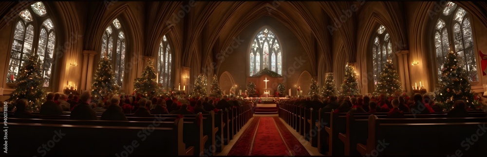 360 degree traditional Christmas Eve church service, with a beautifully decorated altar. HDRI spherical panorama. 360 degree traditional Christmas Eve church service, with a beautifully decorated altar. HDRI spherical panorama.