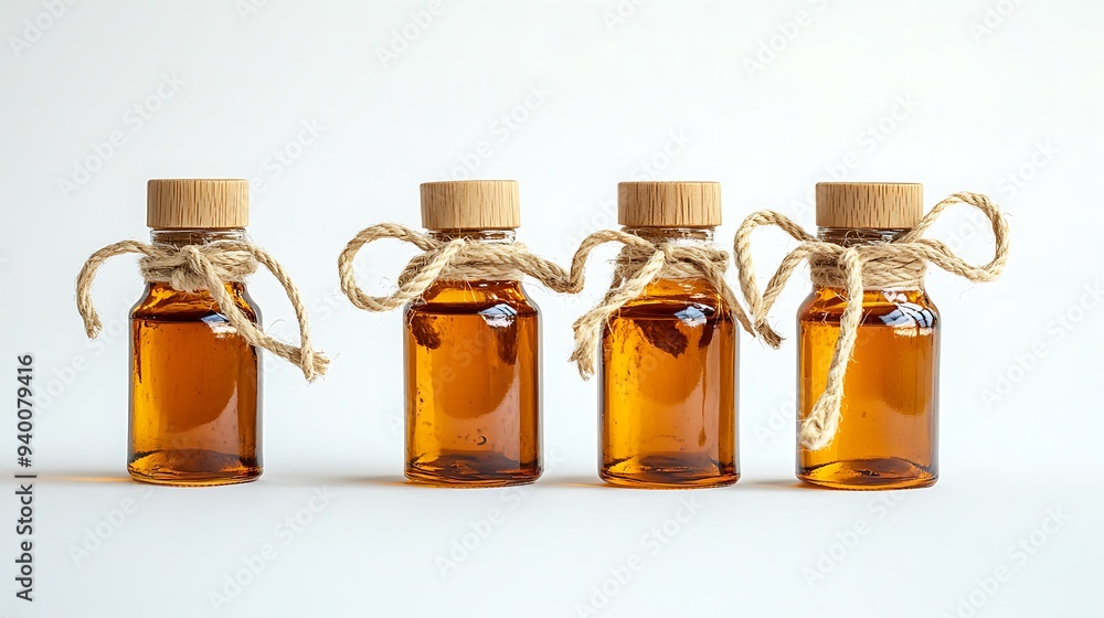 Elegant Set of Amber Oil Bottles with Wooden Stoppers Tied with Ropes on White Background - High Resolution Minimalistic Composition for Advertising Elegant Set of Amber Oil Bottles with Wooden Stoppers Tied with Ropes on White Background - High Resolution Minimalistic Composition for Advertising