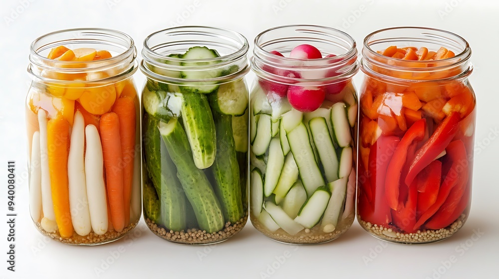 Assorted Pickled Vegetables in Glass Jars on White Background Assorted Pickled Vegetables in Glass Jars on White Background