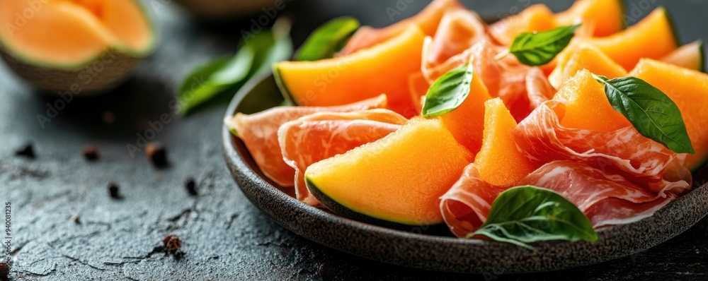 Juicy cantaloupe slices, vibrant orange, served with prosciutto, fresh sweet, copy space 