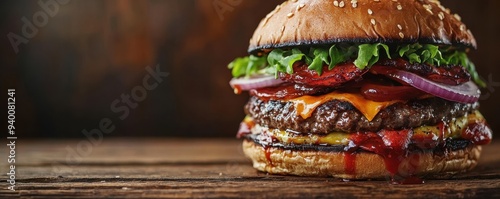 Juicy burger with layers of toppings, dripping sauce, stacked high, bold and indulgent