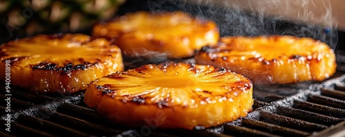 Juicy pineapple slices caramelizing on a grill, tropical sweet, smoky background photo